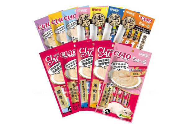 A colorful assortment of Ciao Churu lickable cat treats in various flavors, displayed in fan shape.